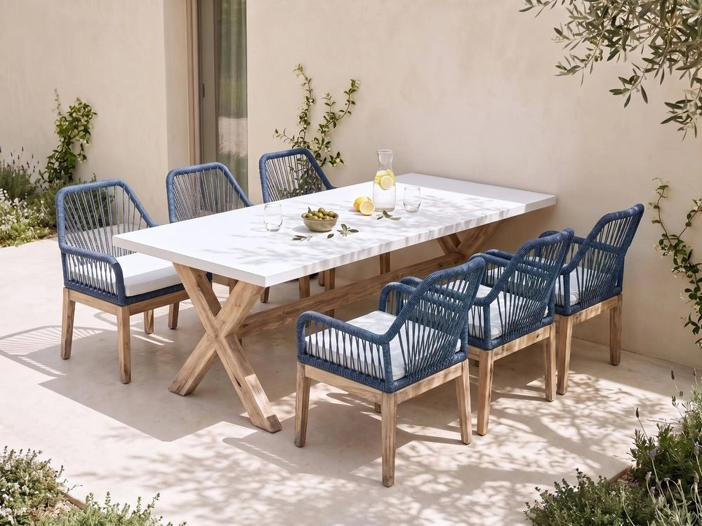 Set da Esterno con Tavolo in Cemento Sintetico blu marino e 6 Sedie in Vimini