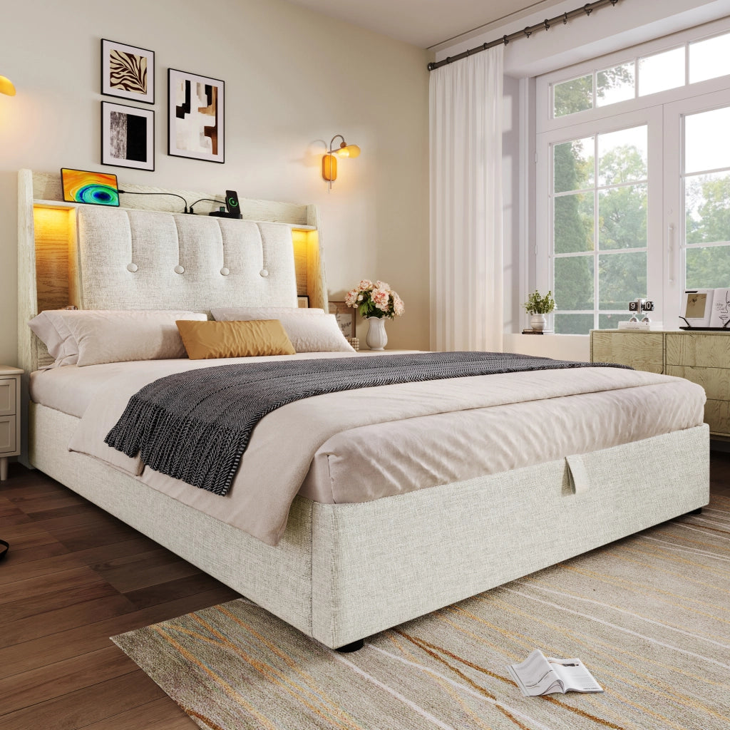 Letto imbottito singolo 90×200 cm con USB Type-C; LED e testiera con vani; senza materasso; lino; beige