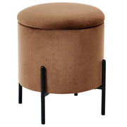 Pouf contenitore con seduta in tessuto velluto e base in legno poggiapiedi rotondo tavolino occasionale marrone