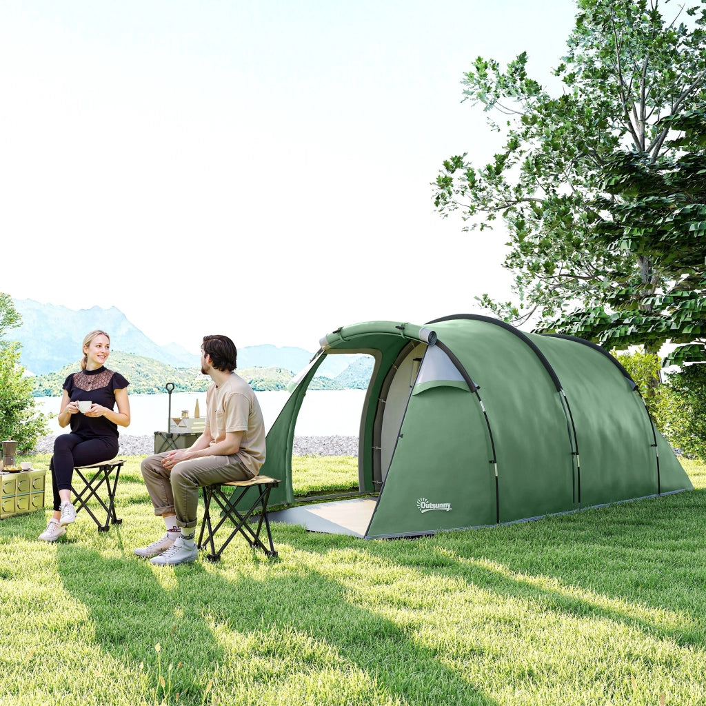 Tenda da Campeggio 2-4 Posti con Telo Impermeabile e Porte con Cerniera, 426x206x15 cm, Verde Scuro