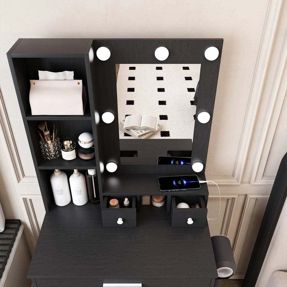 Tavolo Trucco con Specchio, LED, Cassetti e Sgabello Imbottito ¨C Xylo ¨C Nero, 60x38x131.5 cm