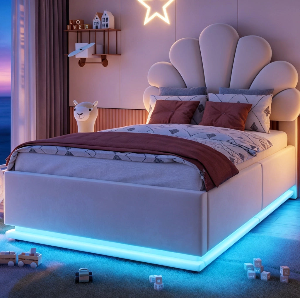 Letto imbottito beige 90 x 200 cm con contenitore idraulico e luci LED