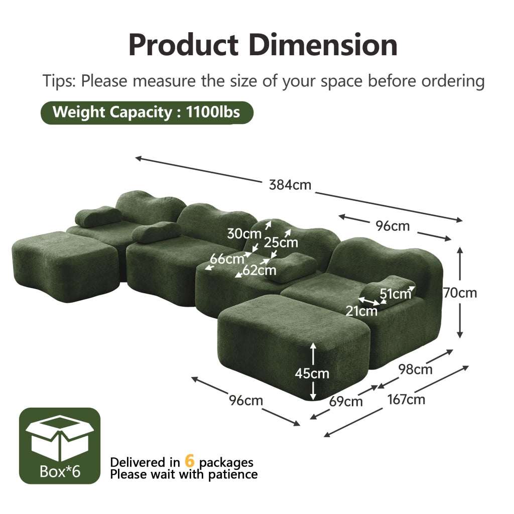 Divano Modulare U 4 Posti con 2 Ottoman ¨C MINIMAL ¨C Tessuto Verde, Cuscini Braccioli Mobili