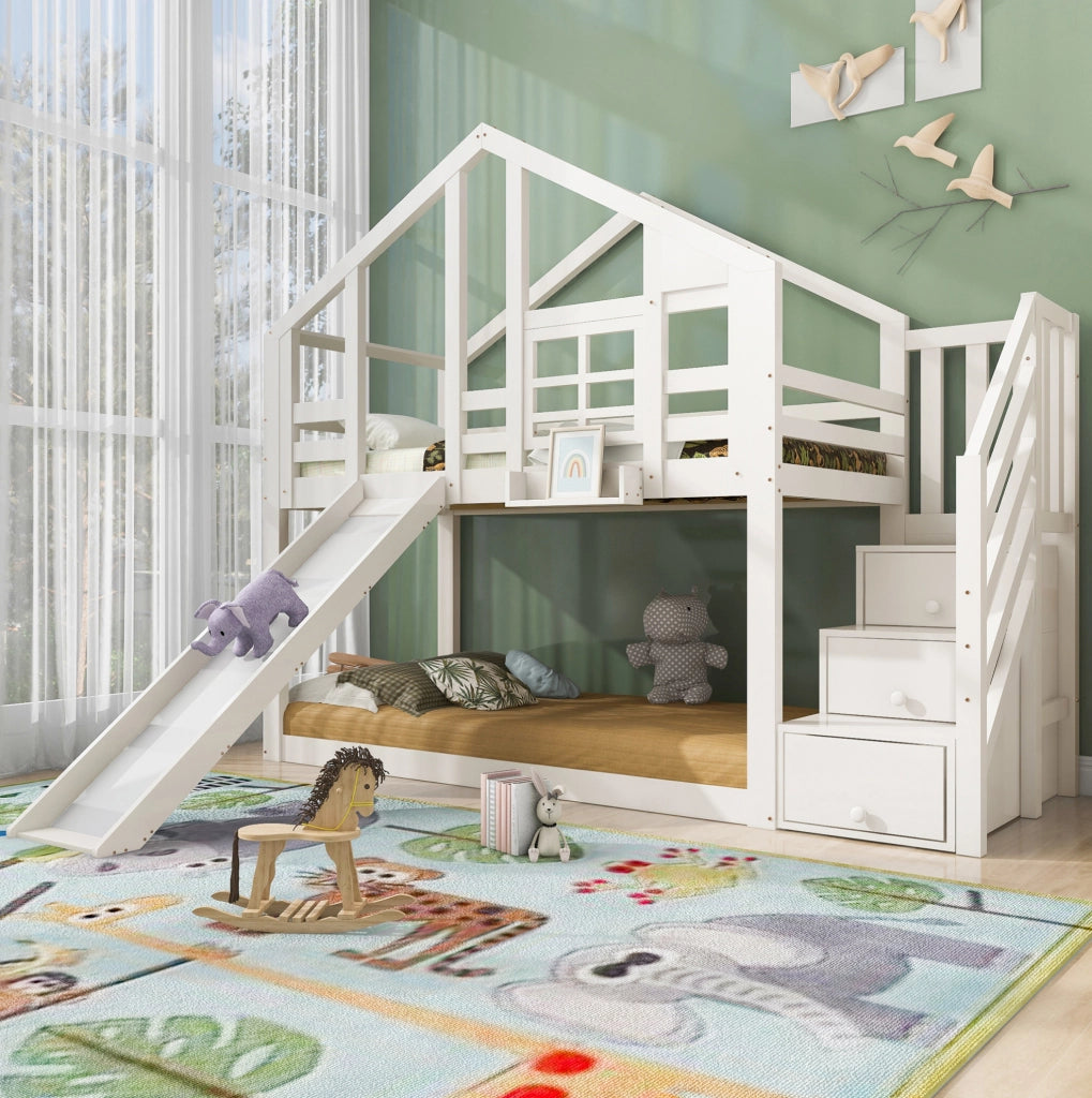 Letto a castello per bambini a casetta con scivolo 90x200 cm in legno massello e MDF; bianco