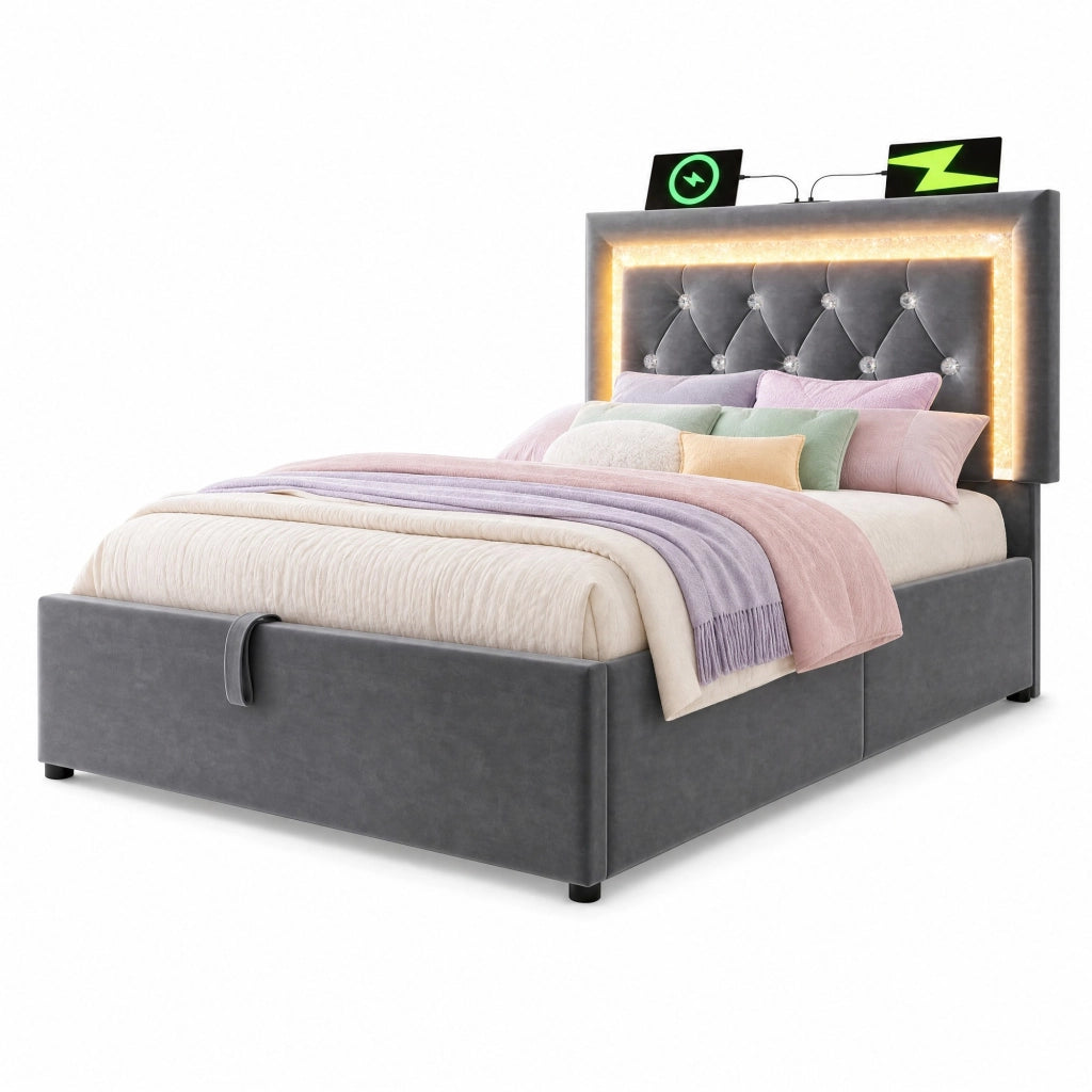 Letto singolo 90x200 cm in velluto grigio con LED, porte USB/Type-C e contenitore idraulico