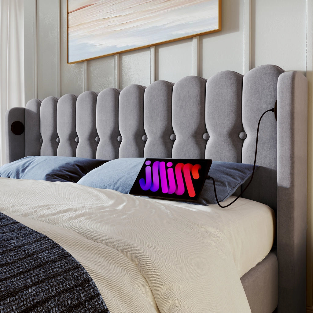 Letto imbottito grigio 140x200 cm con USB e Tipo C, materasso incluso