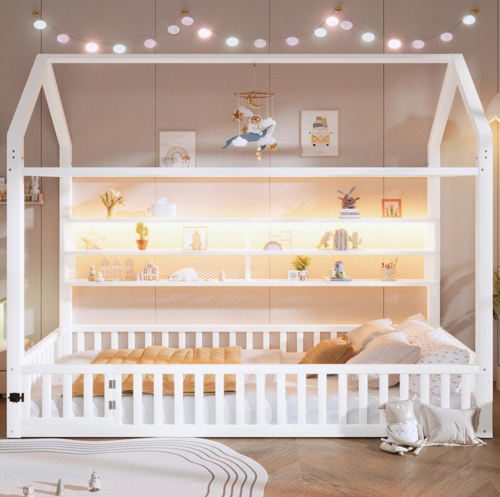 Letto per bambini a forma di casa 90x200 cm con recinto di sicurezza e LED; metallo bianco
