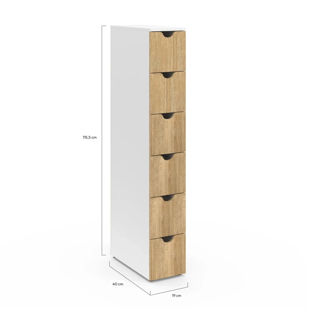 IDMarket - Colonna salvaspazio WILO a 6 cassetti su rotelle in look bianco e faggio