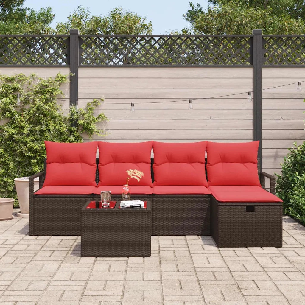 Set di divani con cuscino 6 pcs Marrone e Rosso polyrattan