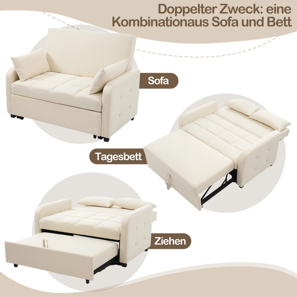 OKWISH Divano Letto 2 Posti, Schienale Regolabile in 3 Posizioni con 2 Cuscini, Meccanismo Scorrevole, Lino Cotone, Beige