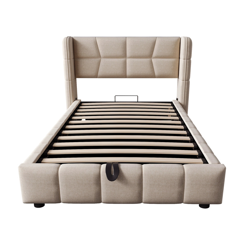 Letto singolo imbottito ULEVR 90x200 cm con vano contenitore sollevabile e testiera, beige