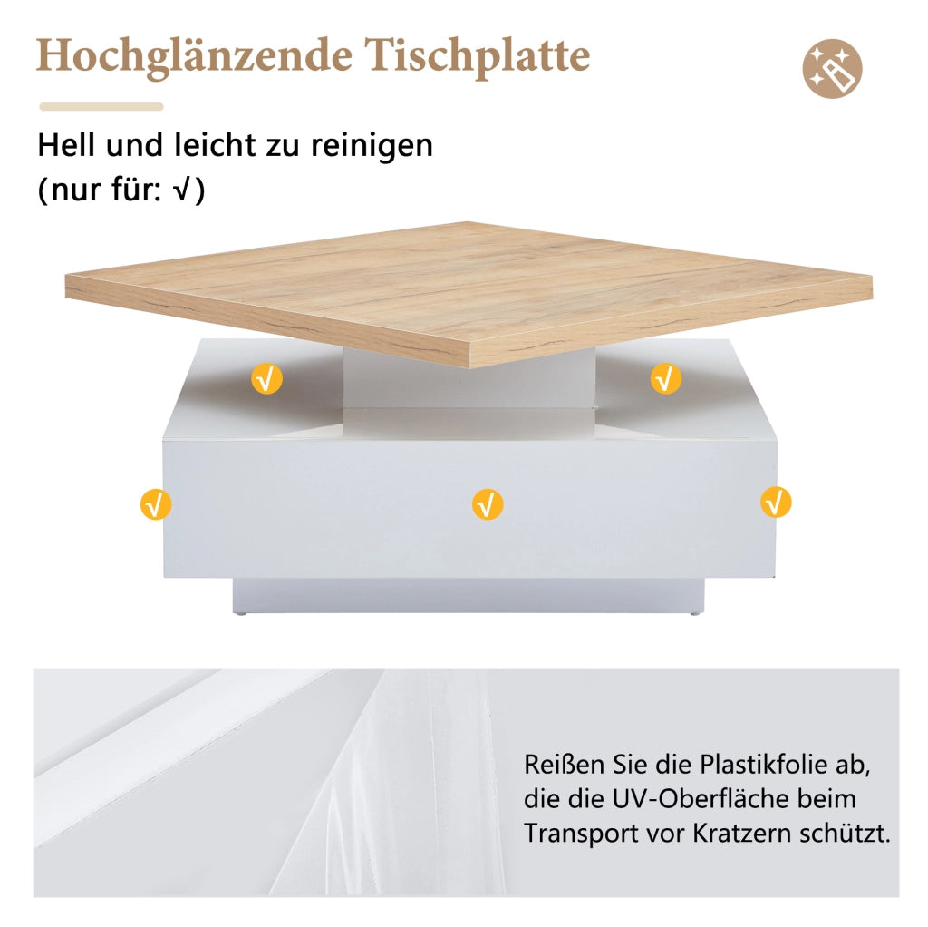 Tavolino da caffè quadrato girevole 360° con cassetto 70x70x36 cm in truciolare; noce e bianco lucido