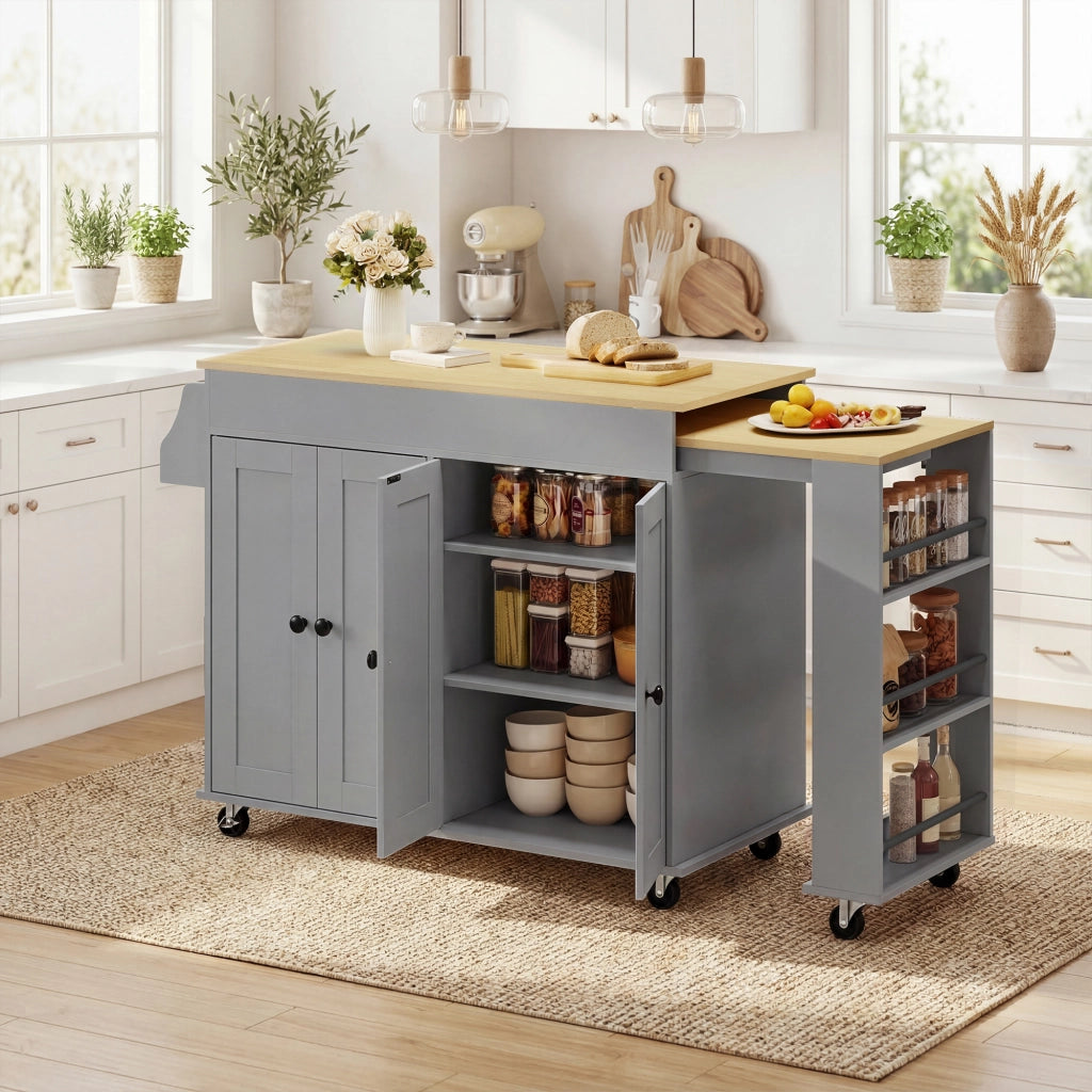 Carrello da Cucina con Ruote ¨C Xylo ¨C Piano Estensibile, 4 Ante, Ripiani Regolabili, Grigio