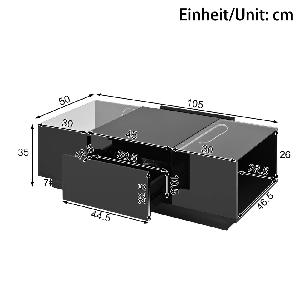 Tavolino da salotto 105x50x35 cm con LED; 2 cassetti; vetro; pannello truciolare nero