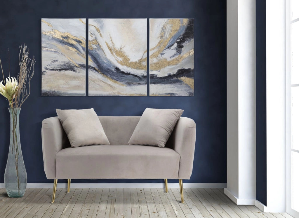 Divanetto in tessuto grigio con gambe dorate cm 127x74x71