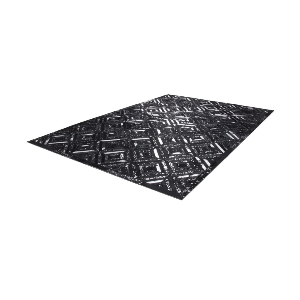 Tappeto Dazzle in Pelle Nera e Argento con Motivo a Rombi