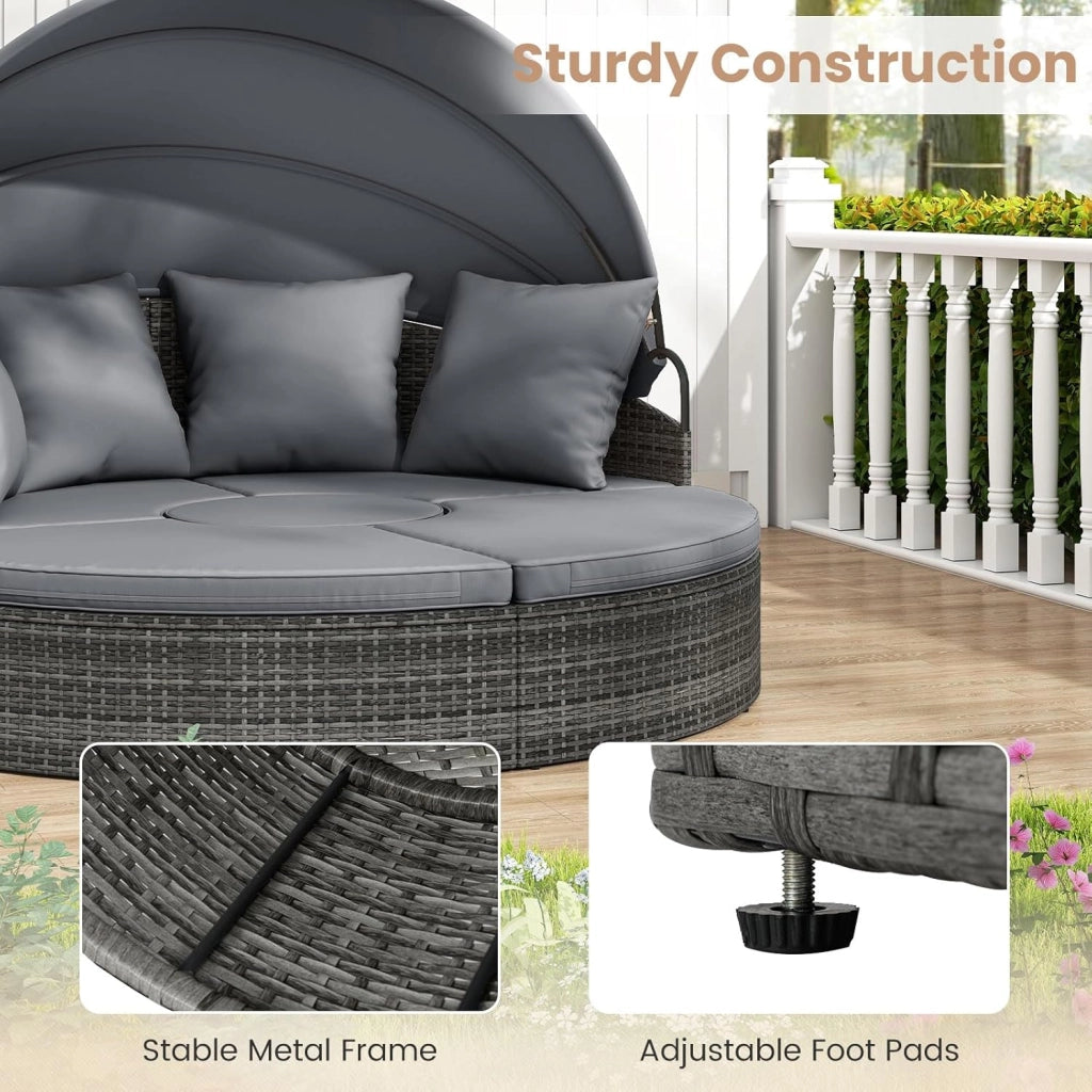 Divano da giardino rotondo in rattan PE con baldacchino retrattile, cuscini e cuscini rimovibili, tavolo basso, carico 180 kg, salotto da giardino modulabile per terrazza piscina (grigio)