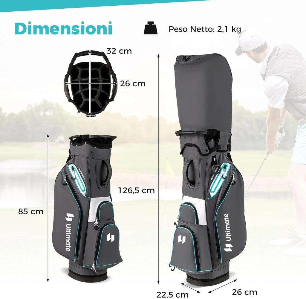 Borsa da Golf per Carrello con 14 Scomparti, Organizzatore Portatile per Mazze da Golf con Tasca Frigo, Tracolla Regolabile, Cappuccio Antipioggia e Porta Ombrello per Uomo e Donna