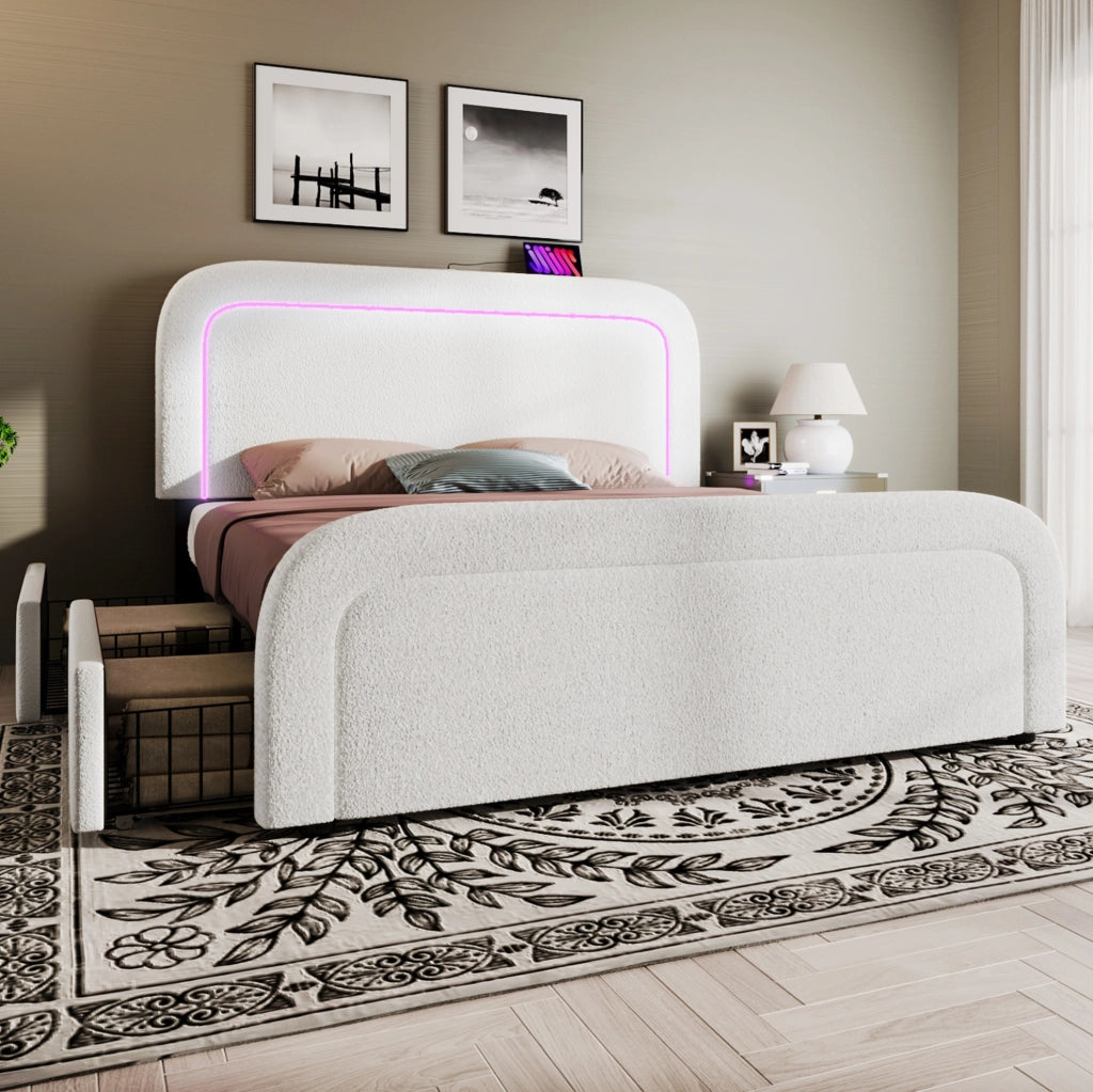 Letto imbottito 140x200 cm in Sherpa bianco con LED, USB/Type-C e 4 cassetti