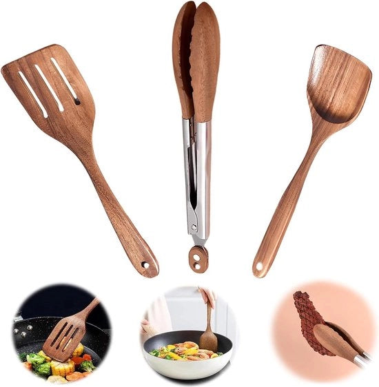 Set di Cucina in Legno Premium - 3 Pezzi - Spatole e Manici in Legno e Acciaio Inox - Resistente al Calore - 30 cm