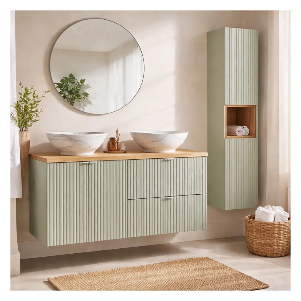 Insieme ELVINA 150cm: mobile sottolavabo con cassetti e armadietti + piano per lavabo + due lavabi da appoggio marmorizzati + colonna