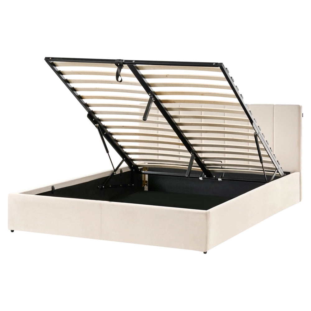 Letto contenitore Rivestimento in velluto beige 160 x 200 cm con testiera a doghe