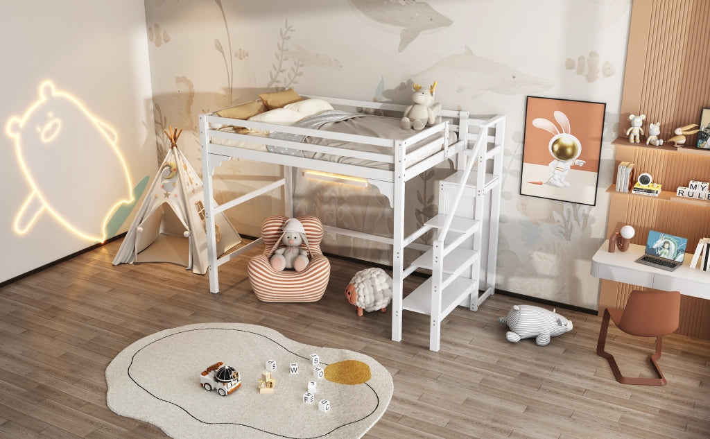 LETTO A CASTELLO ALTO 140x200 cm Bianco in pino con armadio e scala contenitore