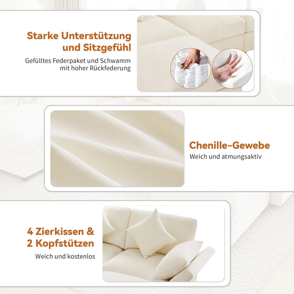 Divano ad angolo convertibile modulare con braccioli regolabili e 2 pouf in ciniglia beige