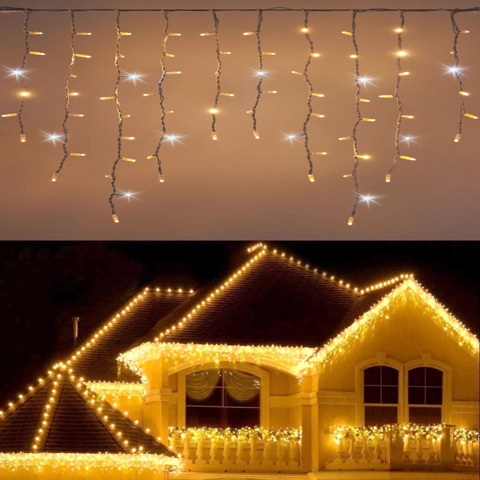 Luci Natale Tenda Luminosa Per esterno cascata di stalattiti con 92 Maxi Led 3x0.70 CM a luce Calda e flash bianco intermittente