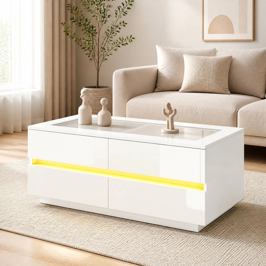 Tavolino da caff¨¨ bianco 100x50x40 cm con 4 cassetti, piano in vetro temperato, illuminazione LED e frontali lucidi