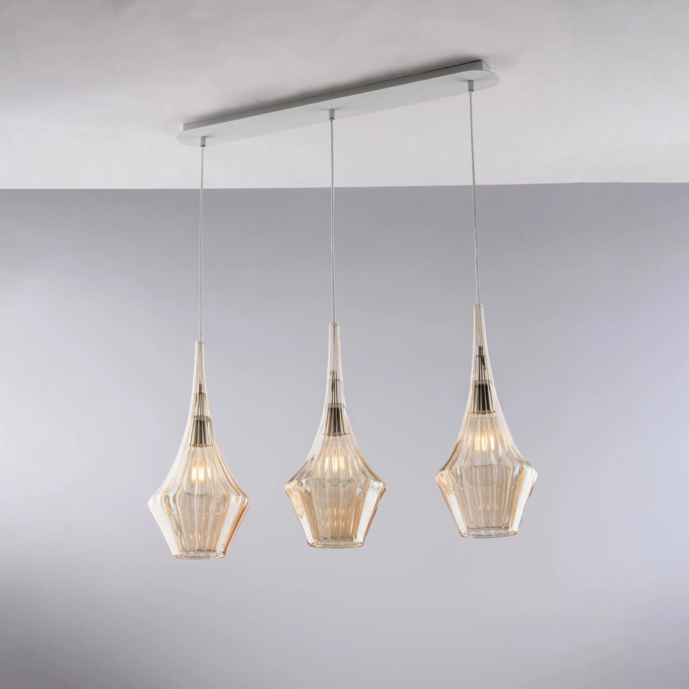 Lampadario Binario Moderno Zeus Metallo Bianco Vetro Ambra 3 Luci E27