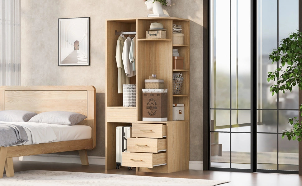 Scaffale guardaroba moderno con appendiabiti ripiani a più livelli e cassetti in MDF color legno 70 × 55 × 175 cm