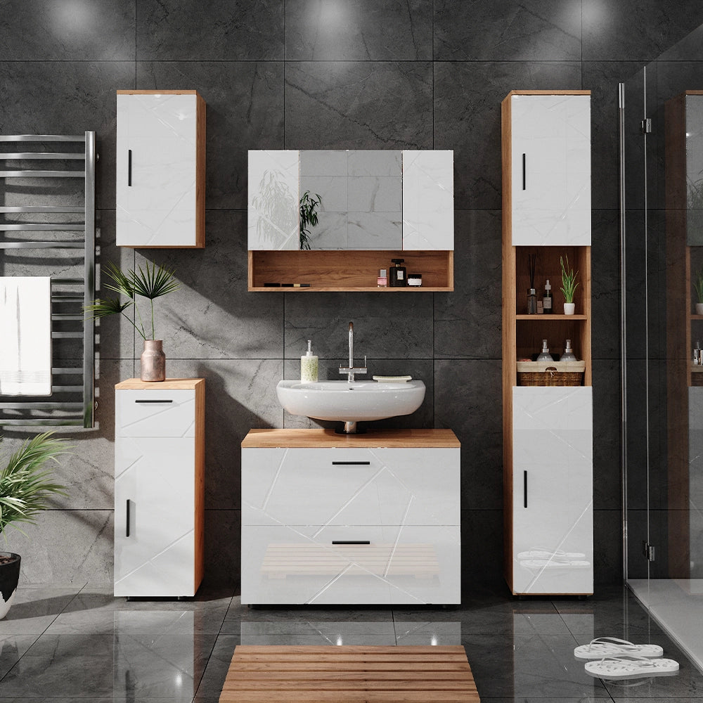 Vicco Set di mobili da bagno Bianco lucido/oro power oak 5 parti