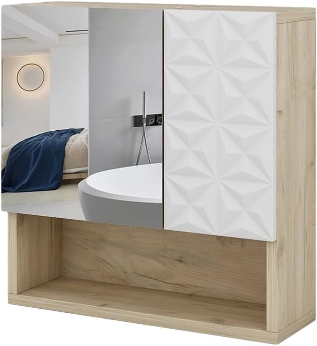 Specchio contenitore bagno Edge, Bianco, 54 x 55 cm con anta e vani a giorno, per la conservazione in bagno con meccanismo push-to-open