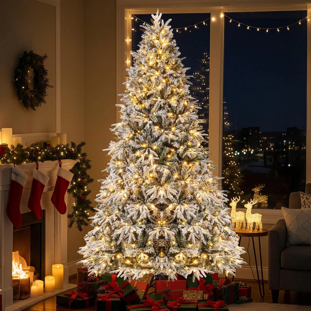 Albero di Natale Innevato 270 cm, Albero di Natale Innevato Pre-illuminato con 600 Luci LED Bianco Caldo, 2198 Punte di Rami e Base in Metallo Pieghevole (270 cm)