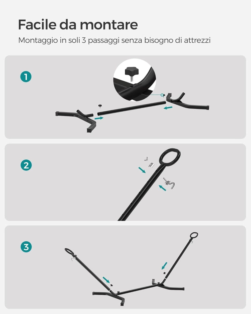 SONGMICS Amaca con Supporto, Amaca di 210 x 150 cm, 5 Altezze Regolabili, Portatile con Sostegno in Metallo, Max. Portata di 240 kg, per Giardino Terrazzo, Supporto Nero e Amaca Grigia GHS001G01