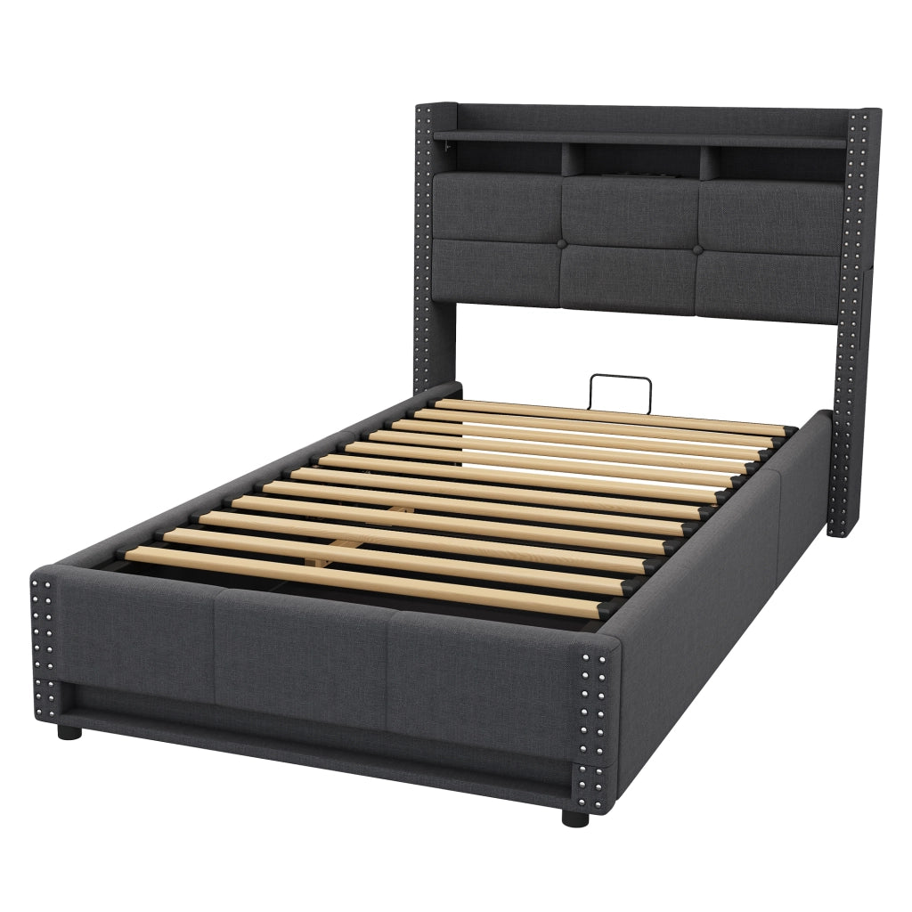 Letto singolo contenitore imbottito grigio scuro 90x200 cm con LED e ricarica USB