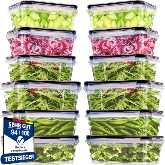 Contenitori alimentari con coperchi, set da 12 pezzi, grandi contenitori (6 x 1000 ml + 6 x 1500 ml), scatole da pasto per la cucina, 100% impermeabili, BPA-free, set da pasto per forno a microonde e frigorifero