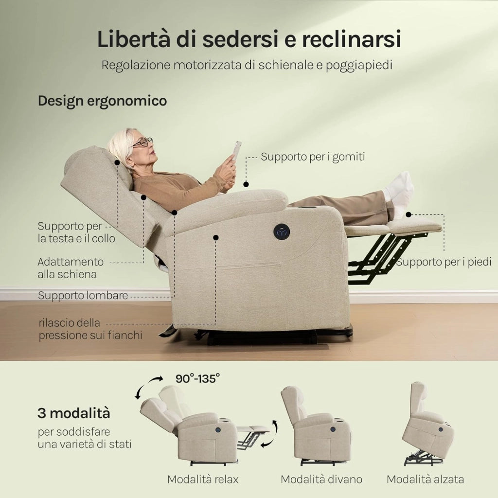 Poltrona Elettrica Reclinabile, Sedia Massaggiante con Alzapersone, Riscaldamento, Poggiapiedi, Tasche Laterali, Porta USB, Portabicchieri, per Soggiorno, Tessuto Spugna, Beige, SKS61be
