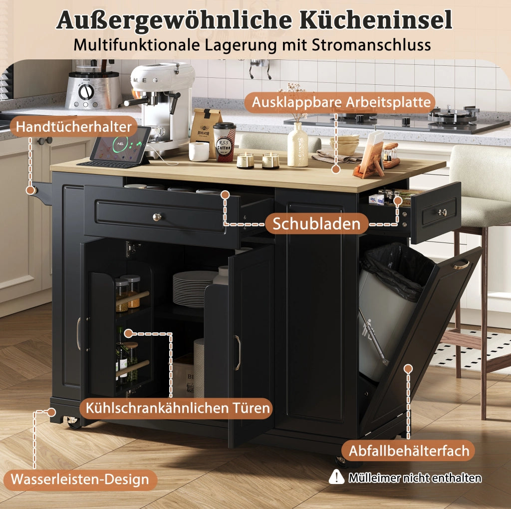 Isola da cucina mobile con piano ribaltabile; prese AC USB e USB-C; MDF; nero naturale