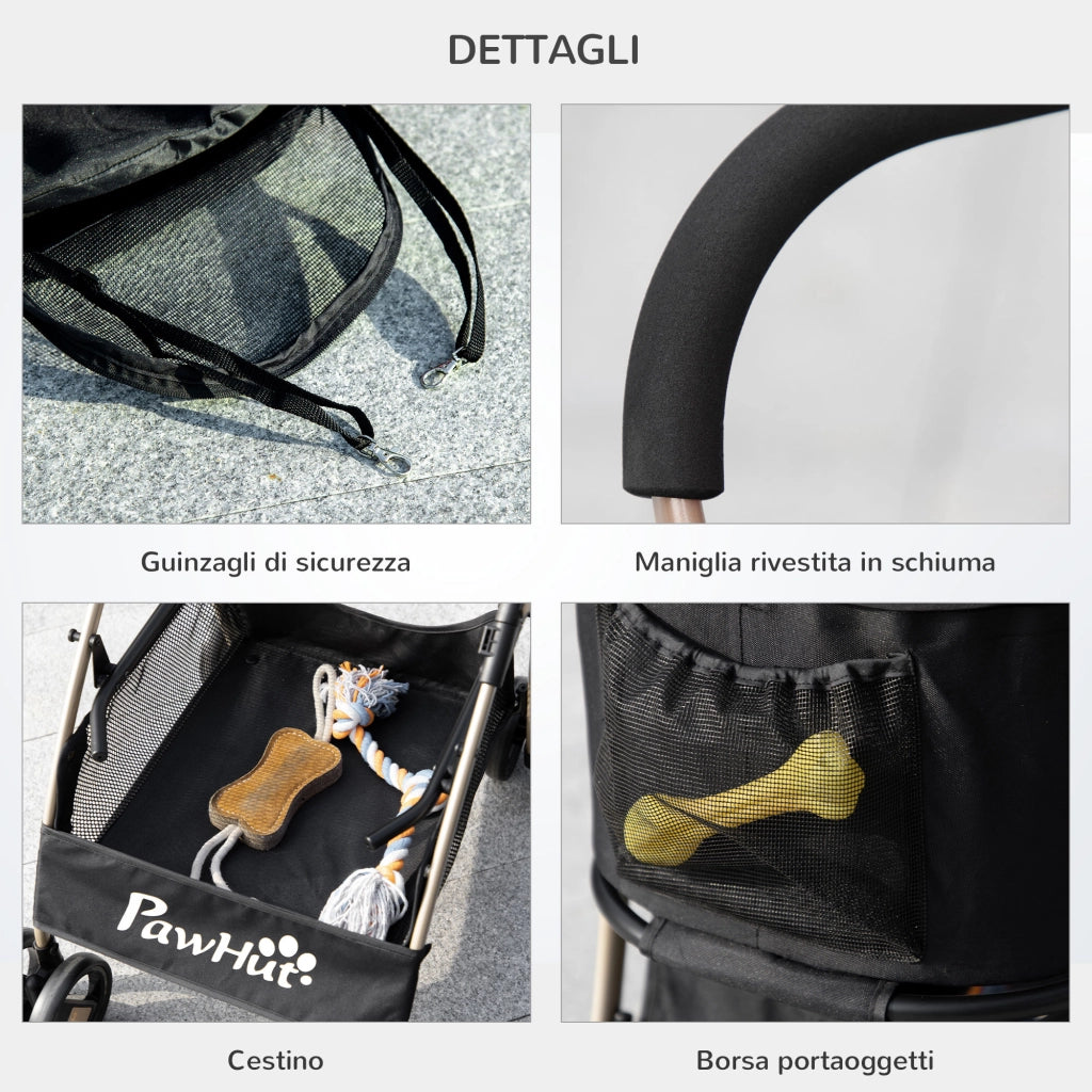 EasyComfort Passeggino per Cani Pieghevole con Trasportino Rimovibile e Tettuccio, 82x49.5x98cm, Nero