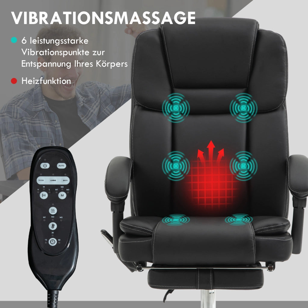Sedia da ufficio massaggiante ergonomica reclinabile con riscaldamento poggiapiedi e tasca in pelle sintetica nera