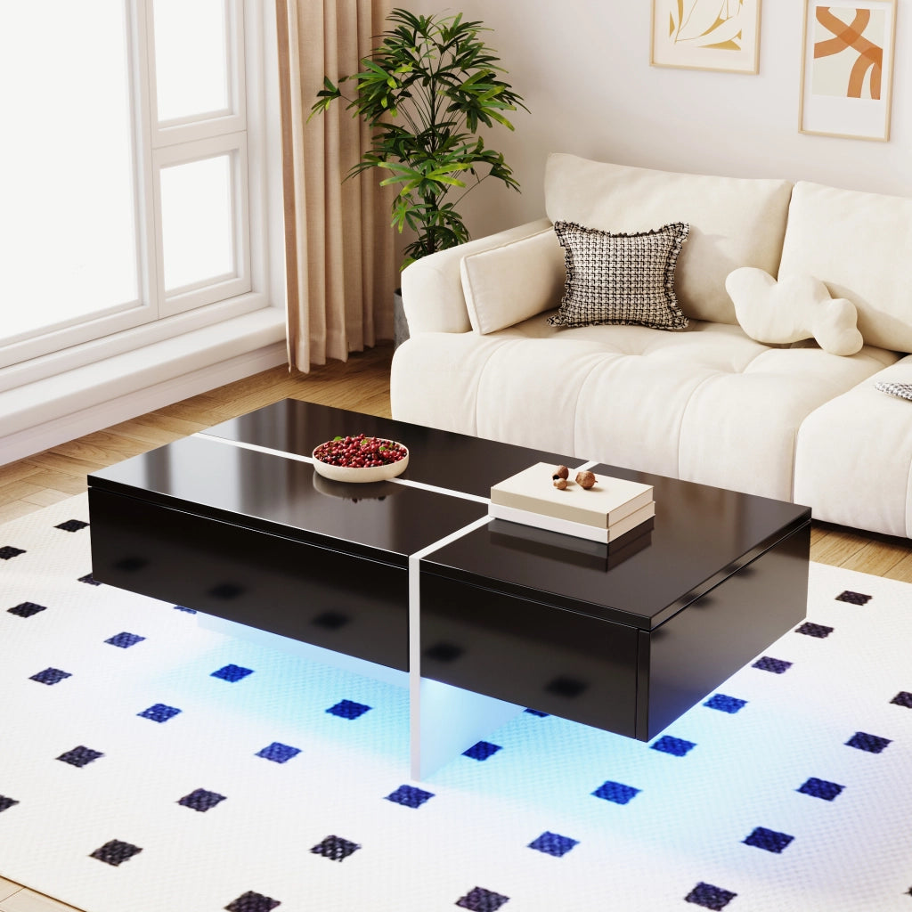 Tavolino da caff猫 nero lucido con LED controllabile tramite app e 3 cassetti