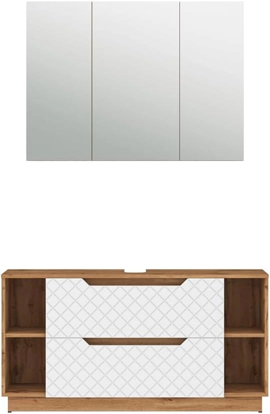 Set di mobili da bagno Lotta, Rovere/bianco con struttura in piastrelle, 2 parti