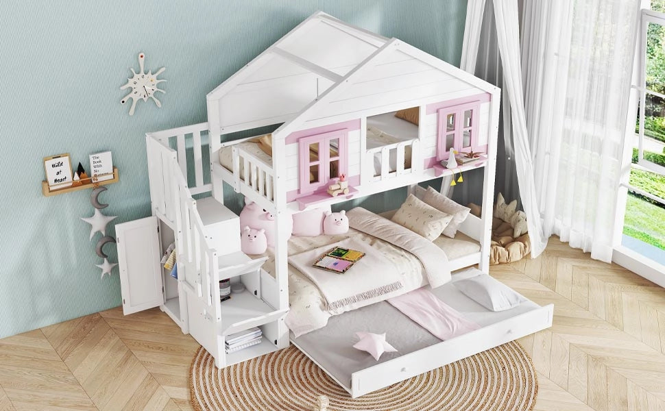 letto a castello in legno massiccio e mdf bianco rosa 90x200 cm