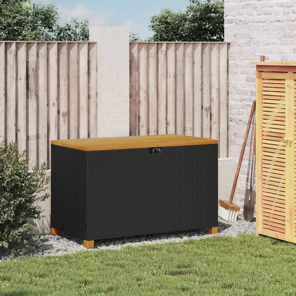 Contenitore Giardino-Cassapanche da esterno Nero 110x55x63cm Polyrattan e Legno Acacia