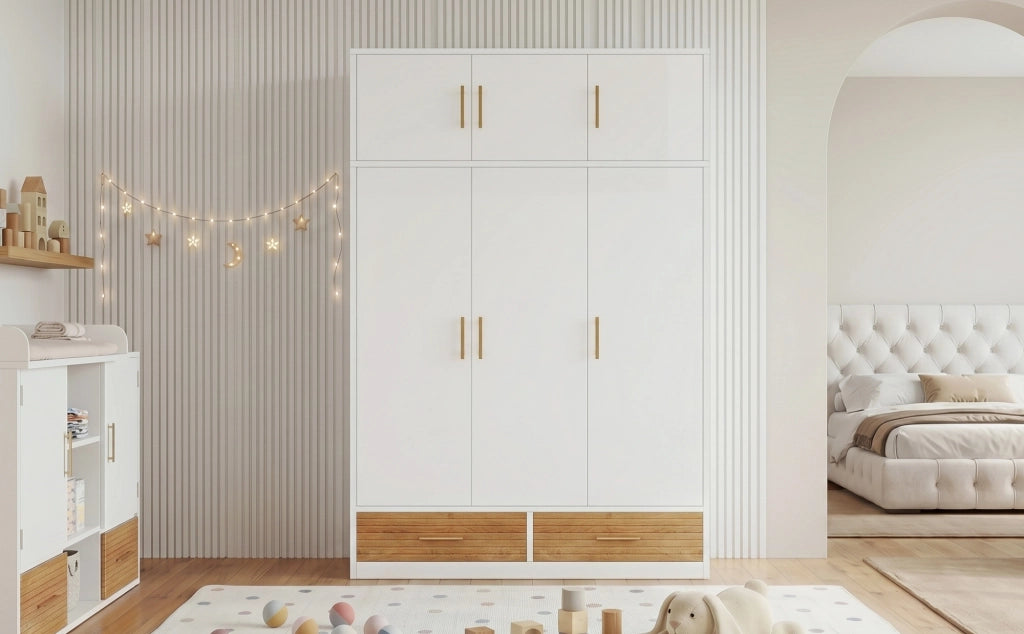 Armadio a 3 ante con vani superiori, asta appendiabiti e 2 cassetti, 120x50x180 cm, bianco