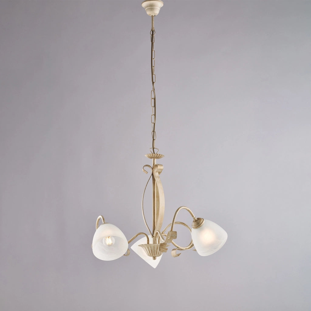 Lampadario Forgiato 3 Luci Ferro Avorio E Oro Vetro Bianco