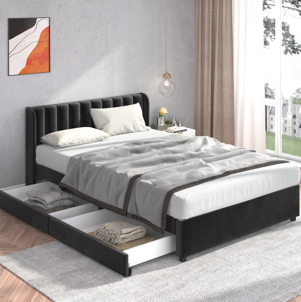 Letto matrimoniale 140x200 cm con 2 cassetti; velluto nero (Senza materasso)