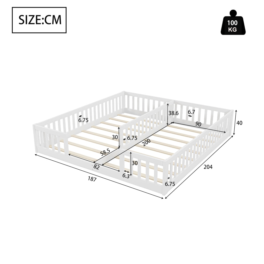 OKWISH Letto Bambino 90×200 cm, Letto Singolo con Spondine, 2 Posti letto a Pavimento e Rete, senza Materasso, in Pino, Bianco
